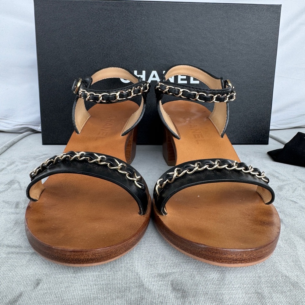 Chanel Leather Heel Sandals with Gold and Black Chain Size 36.5 - Picture 5 of 7
